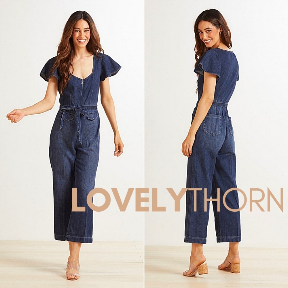 PAIGE // ria flutter sleeves scoop neck belted zip front tailored denim jumpsuit